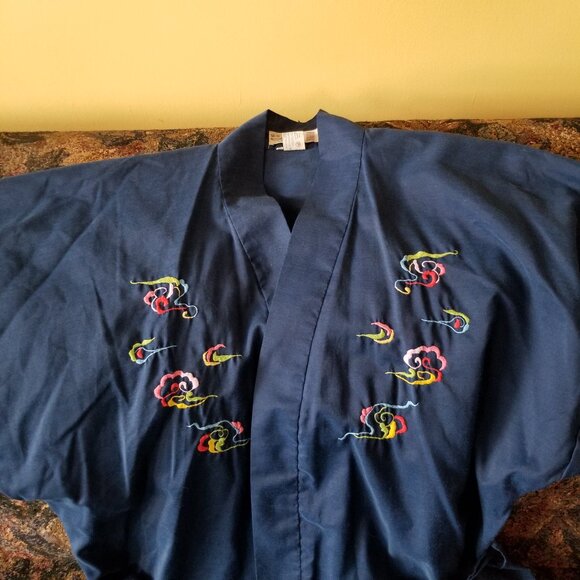 Colourful embroidery Chinese dragon & clouds, navy blue robe, S, M, vintage 80s - Picture 4 of 8